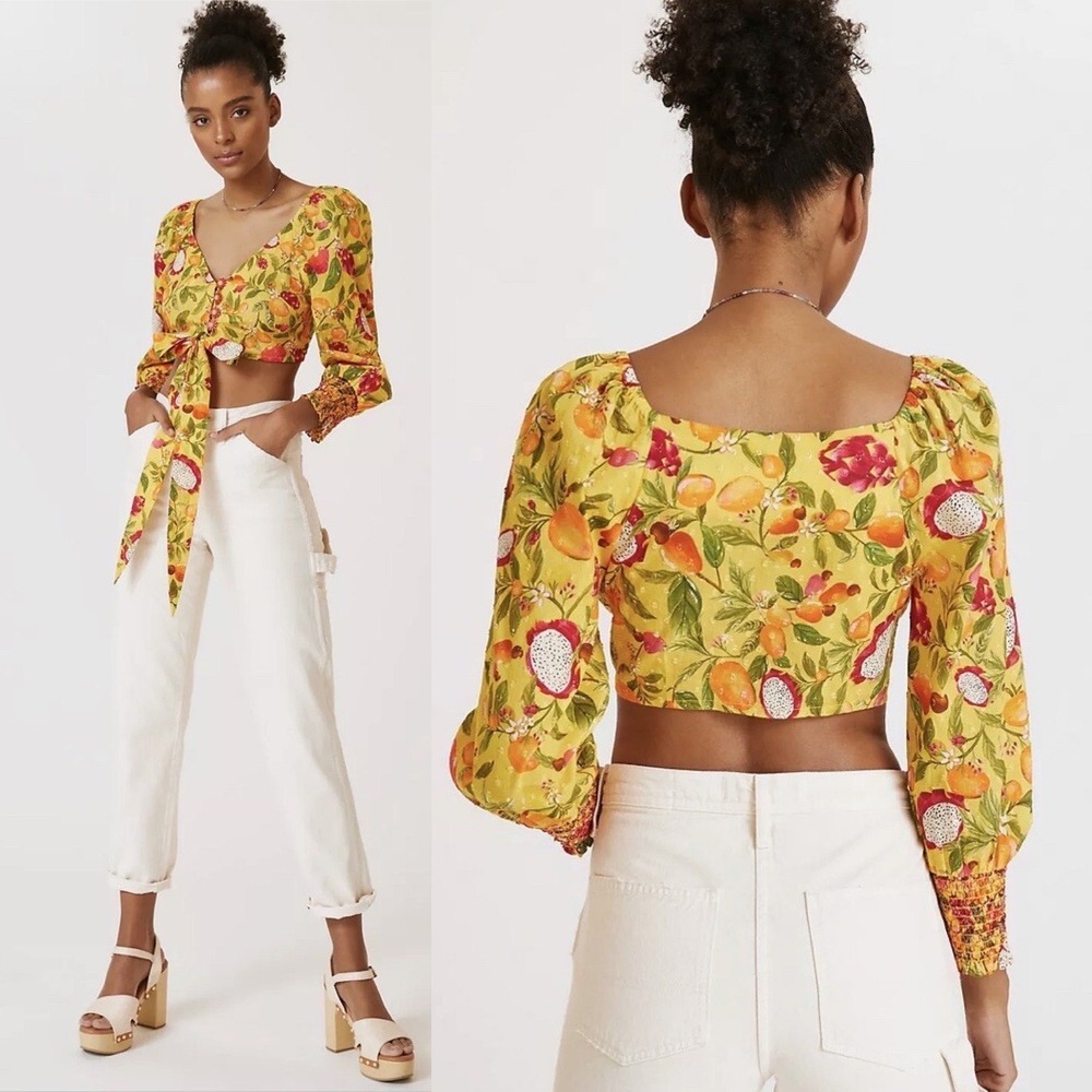 Farm Rio‎ Anthropologie Deep V Tie Front Crop Top L Yellow Fruit Flower Buttons